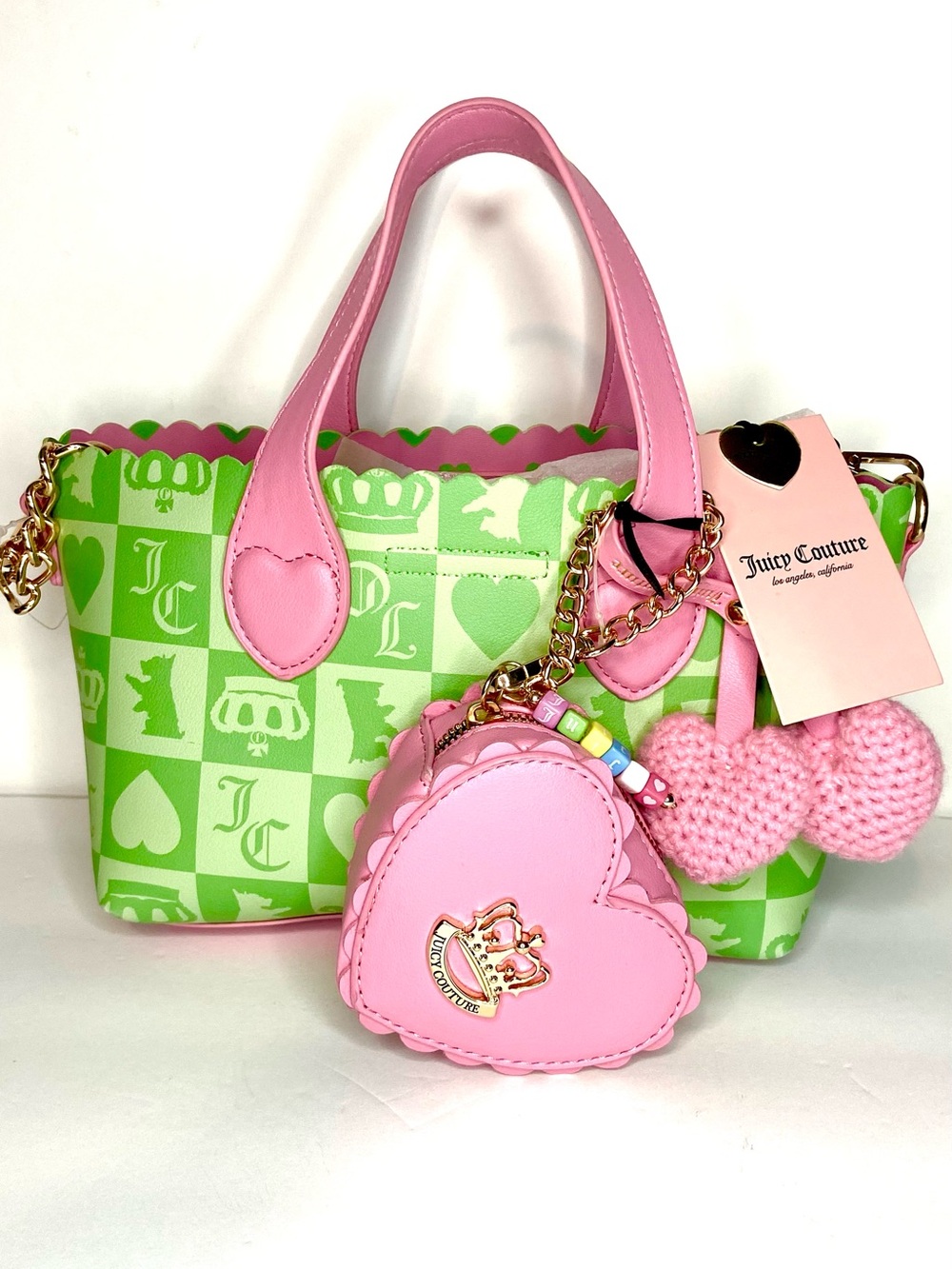 Juicy Couture Pink & Lime Green Heart  Tote with Charm